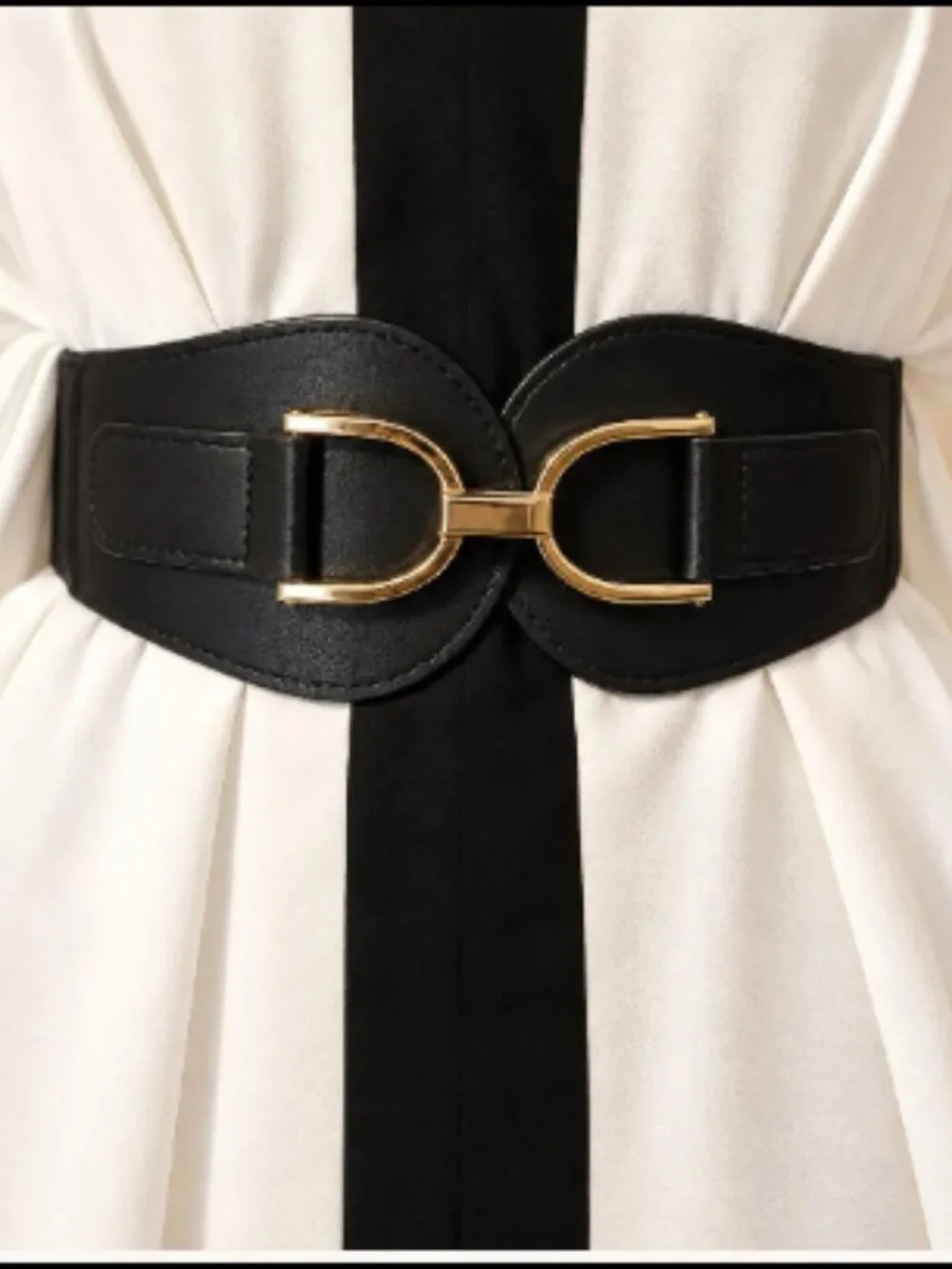 Black Wide Elastic Waist Belt with Gold Double Buckle – Women’s Stretch Belt